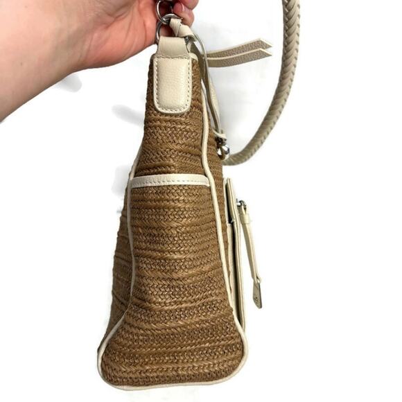 BRIGHTON Cream & Tan Raffia Leather Shoulder Tote Bag Purse - Picture 4 of 14